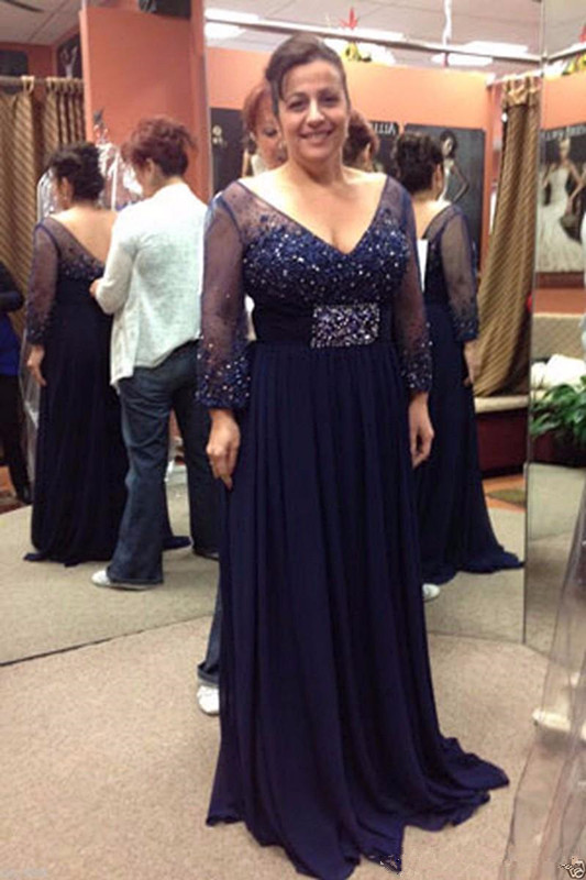

2018 Mother Of The Bride Dresses Navy Blue V Neck Beading Sash Crystal Long Sleeves Low Back Chiffon Long Evening Wear Prom Dresses