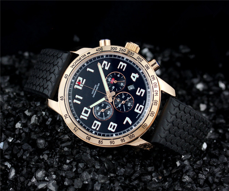 

Hot SALE Male quartz Movement Stopwatch chronograph wristwatch gold case balck Rubber watches for Man 544, Black face