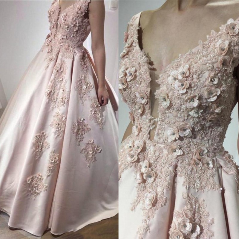 

Unique A Line Prom Dresses Evening Wear Deep V Neck Applique Beads Sleeveless Floor Length Custom Made Formal Evening Gown, White