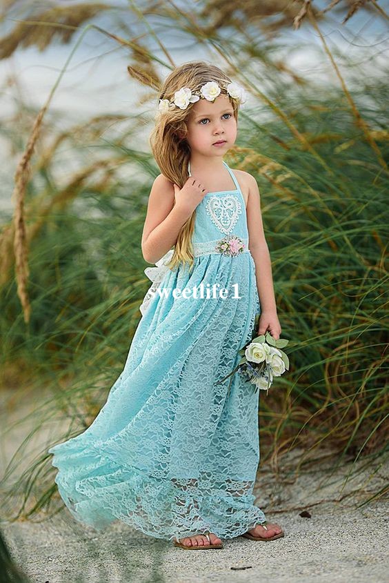 

2019 New Light Sky Blue Lace Flower Girls Dresses Spaghetti Straps Floor Length Kids Pageant Gown First Communion Dresses Custom Made, Hunter