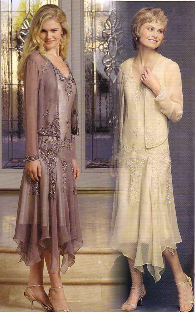 

Gorgeous Appliques Beads Mother Of The Bride Dresses with jacket Illusion Long Sleeve A Line Tea Length Mother of the Groom Dress
