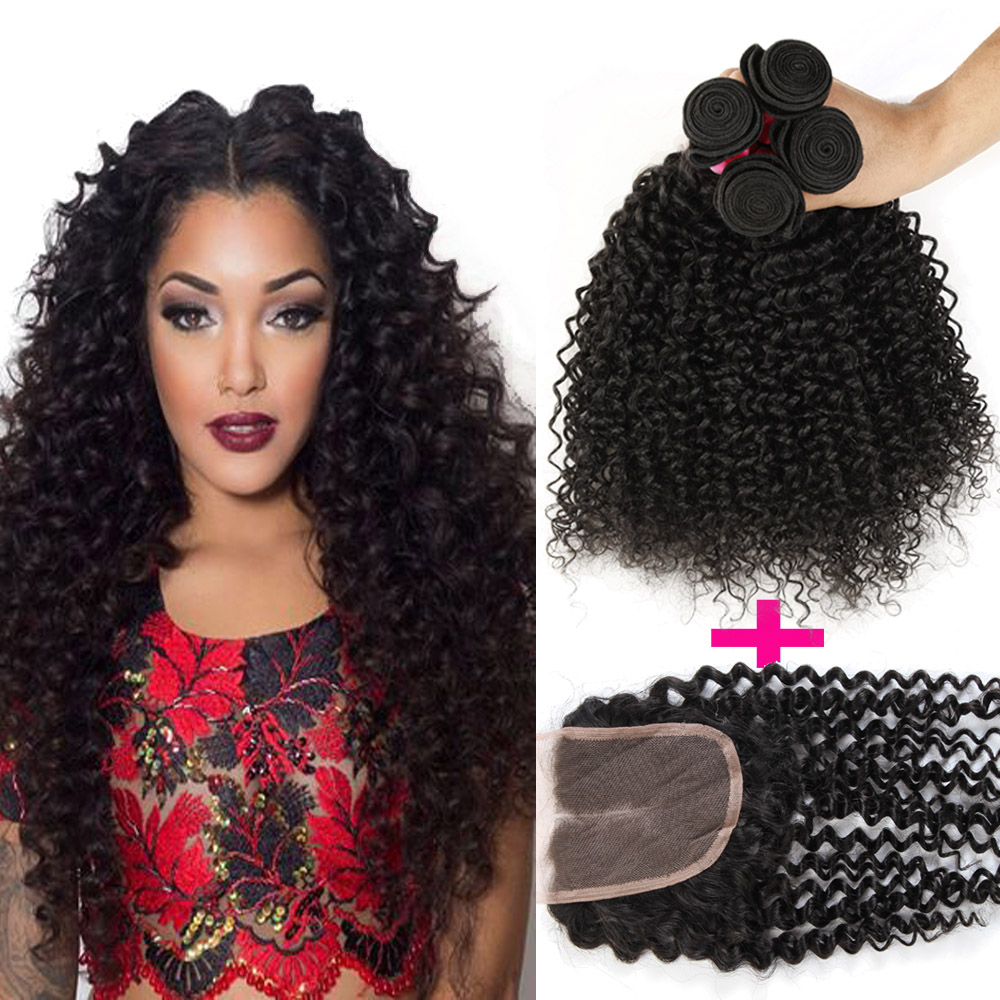 

Brazilian Curly Human Hair Weft 3 Bundles And 1 Top Lace Closure(4"x4") Curly For a Full Head Brazilian Peruvian Malaysian Indian Curly Hair, Natural color