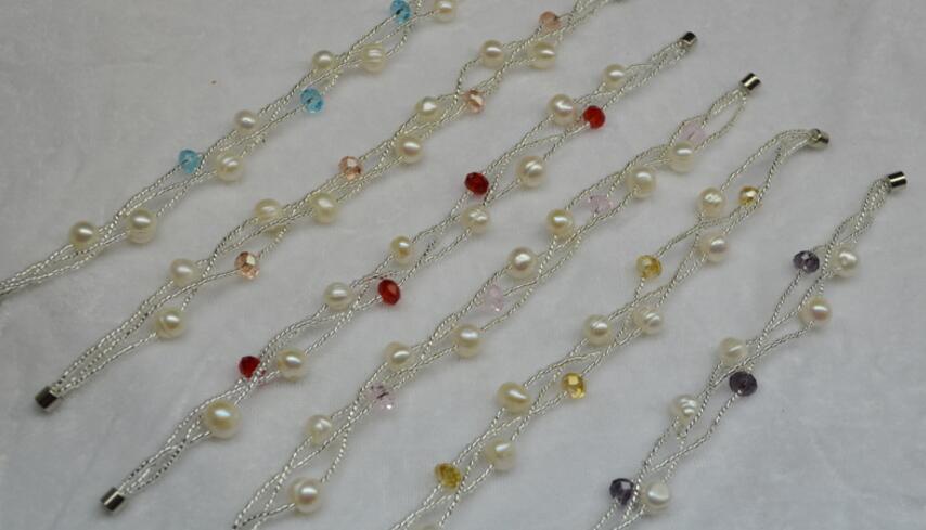 

6-7MM Natural freshwater pearl crystal twist bracelet Jewelry With Magnetic Buckle Wedding Pearl Bracelet For Women