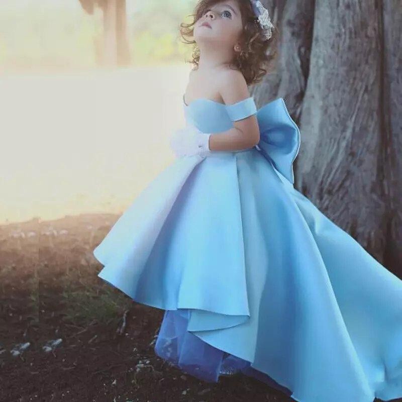 

2019 Stuning Off the Shoulder Flower girls Dress for Wedding Hi Low back big Bow Custom Made Party dresses, Royal blue