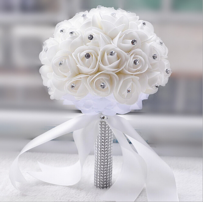 XLKJ Beautiful Wedding Bridal Bridesmaid Bouquet Artificial Flower Rose White Bridal Bouquets Decor