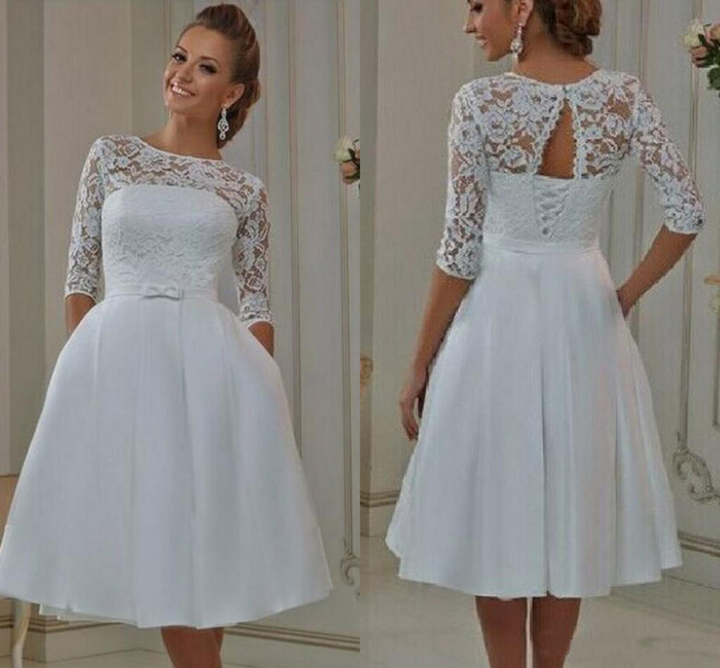 

Modest Vintage Lace Wedding Dresses A Line Sheer Neck Lace Up Short Wedding Bridal Gowns With Pocket Half Sleeves plus size wedding dresses, Champagne