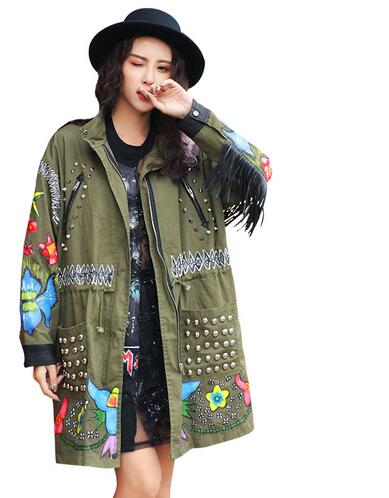 

Hip hop Women Brand Army Green Rivets Graffiti Patchwork Tassel Loose Windbreaker Jacket Coat Female Outerwear