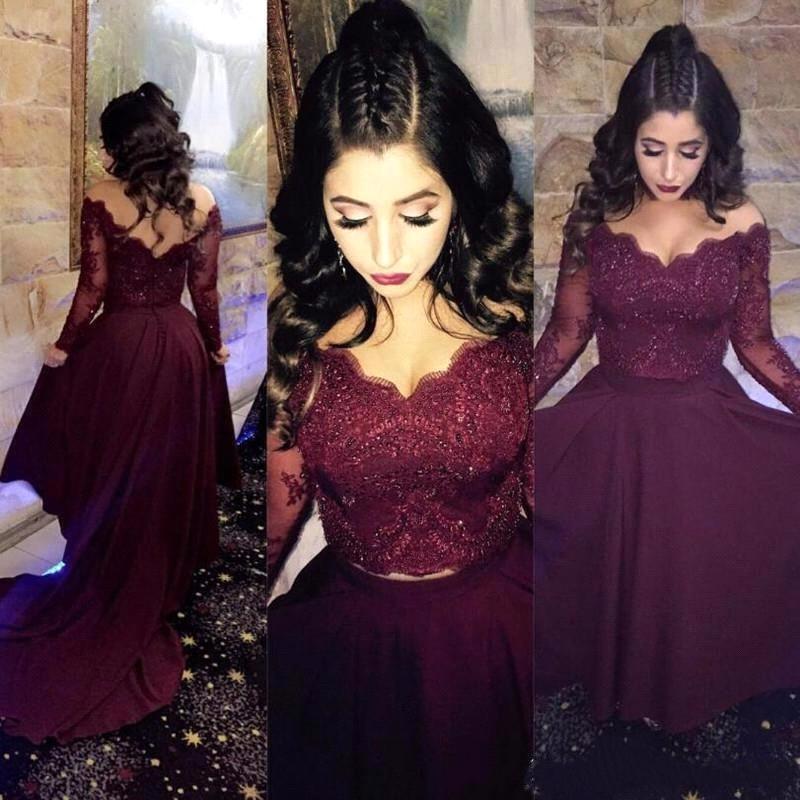 

Two Pieces Sexy Long Sleeves Burgundy Prom Dresses 2017 Off The Shoulder Lace Crystals Beaded A Line Party Formal Evening Gowns, Pink