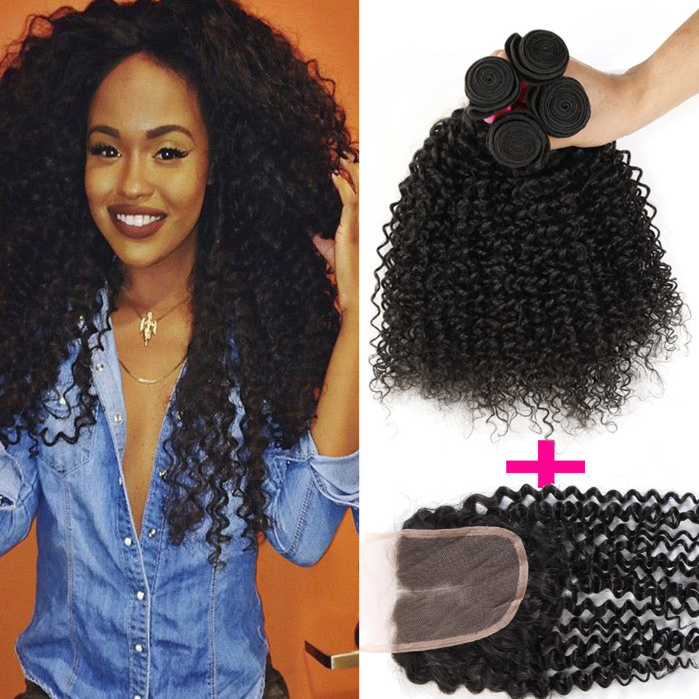 

7A Remy Afro kinky Curly Virgin Hair lace closure free or middle part with 3 Bundles Brazilian Kinky Curly Human Hair huaman hair extensions, Natural color