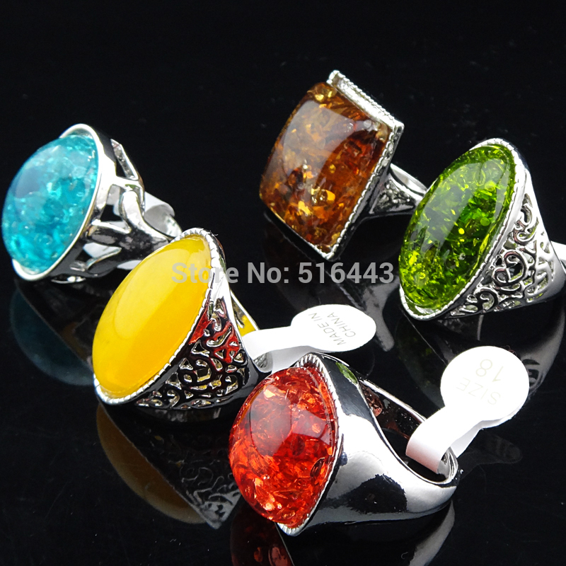 

New Arrival Charms 5pcs Mix large Amber Silver Womens Mens Rings Wholesale Jewelry Lots Free Shipping A038