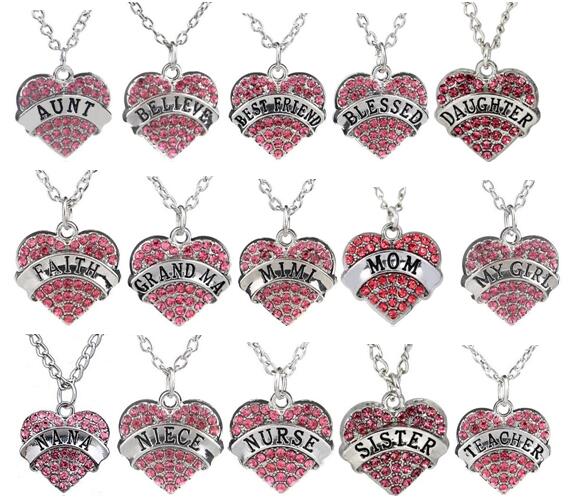 

New 5PCS/lot Pink Rhinestones Heart Pendant Necklace With Mom Faith Nurse Teacher Sister Believe Etc. Words Letters Fit For Family Gift