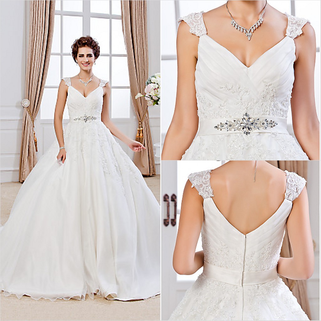 

2016 New Hot Fashion Free Shipping Elegant Ball Gown Ivory Chapel Train V-neck Appliques Beading Organza Wedding Dresses 014, Champagne