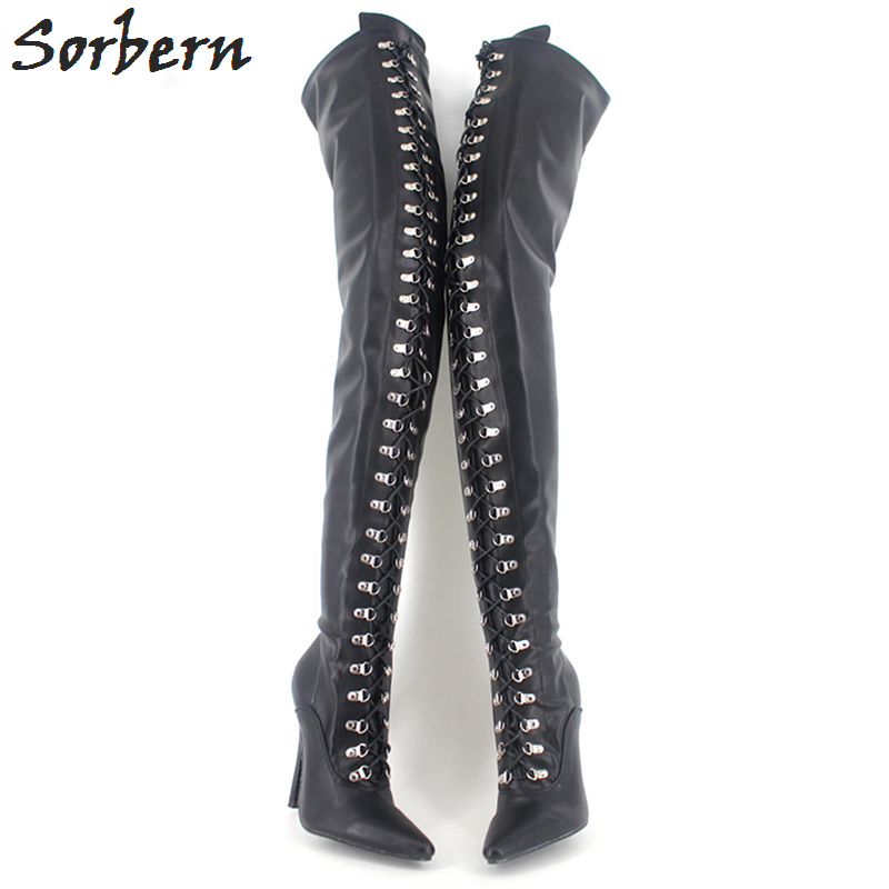 

Sorbern Fetish Boot Lace Up Zip Crotch Flex Matt Pu Thigh High Heel Over Knee Boots Plus Size 34-46 More Colors Free Shipping, Green