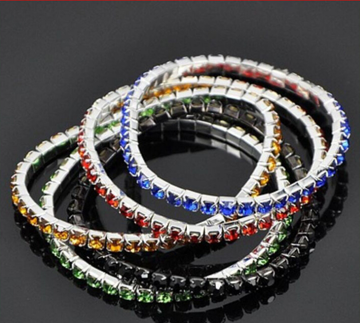 

New Korean Designs Hot Fashion Women Silver Plated Bangles One Row Shining Crystal Stretch Bracelets Mix Colors