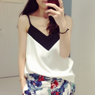 

Wholesale-Free shipping 2016 new V-neck black and white chiffon vest women top
