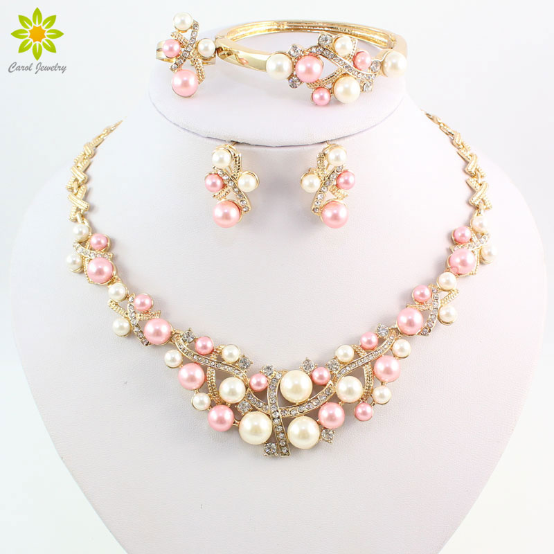 

Gold Plated Colorful Pearl Classic Jewelry Set Alloy Vintage African Beads Jewelry Sets For Women Imitation Wedding Accessories
