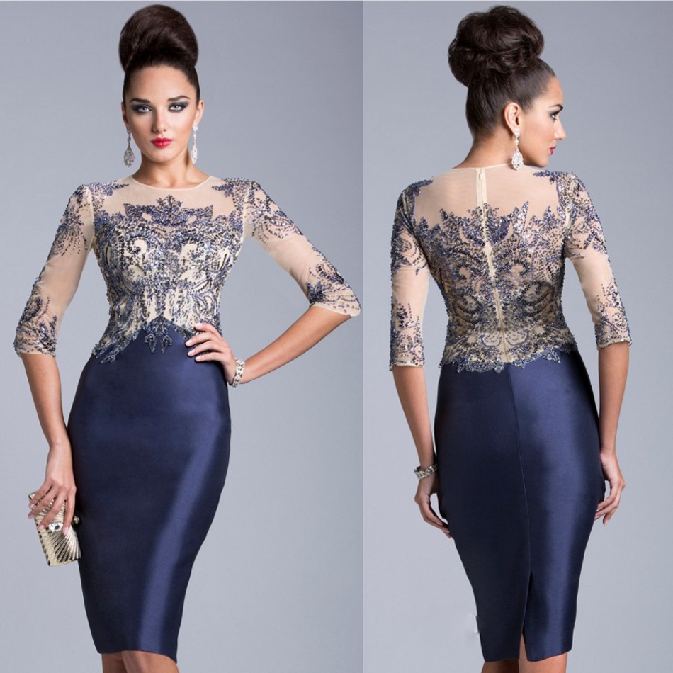 

2022 Cocktail Dresses Half Sleeve Sheer Neck Janique Knee Length Sequin Beading Party Queen Formal Mother of the Bride Dress Gowns, Light yellow