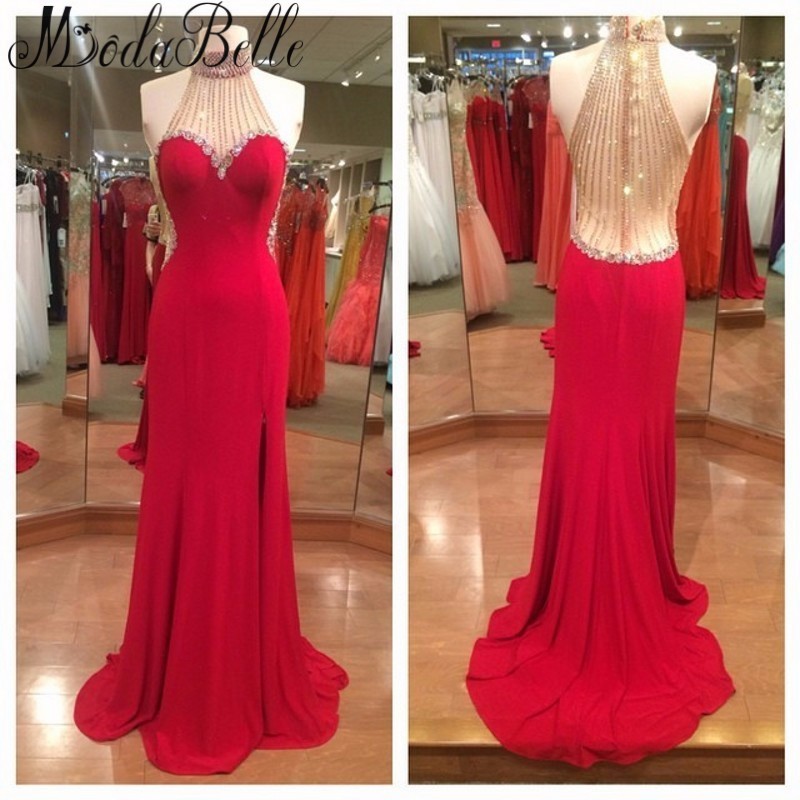 

Robe de Soiree Red Prom Dresses High Neck beaded Sweep Train Long Custom Made high neck Sheath Formal Evening Gowns, Pink