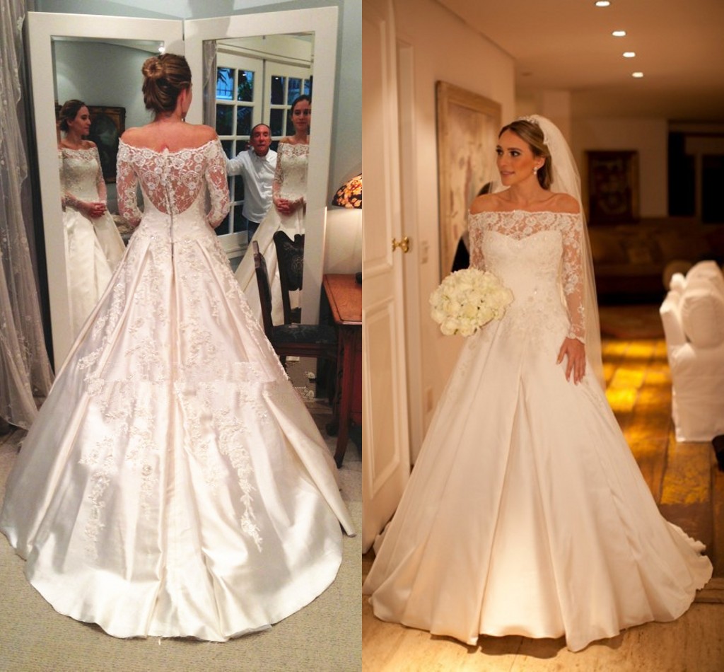 

Sheer Lace Wedding Dresses 2016 Spring with Long Sleeve Applique A Line Sweep Train Vestidos de Novia Vintage Bridal Wedding Gowns, White