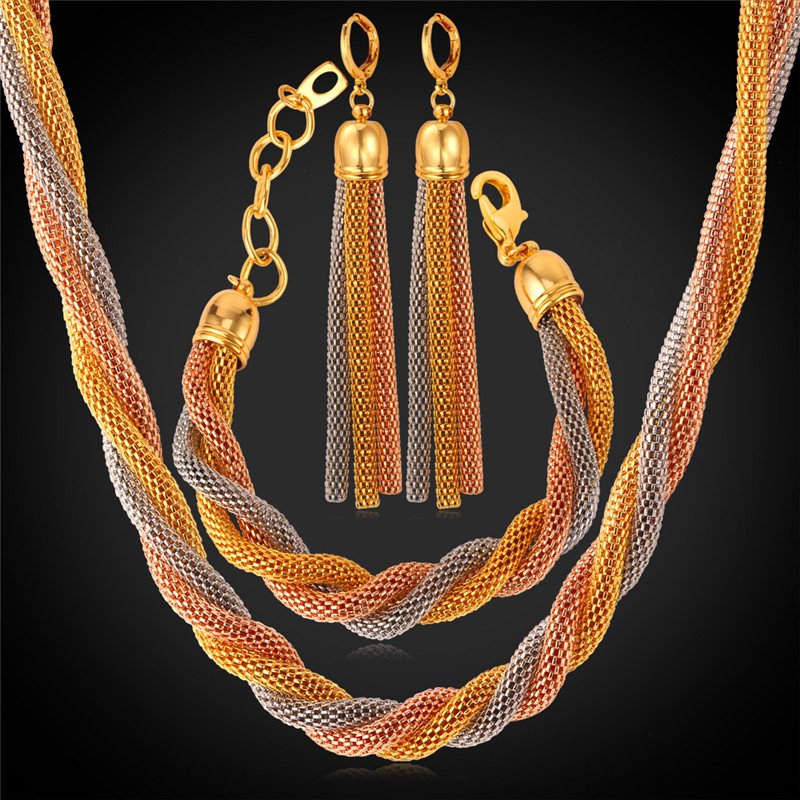 Multilayers Special Tassels Two Tone Bridal Jewelry Set for Women, Stainless Steel/18K Gold/Rose Gold Plated YS3192-image-244776307