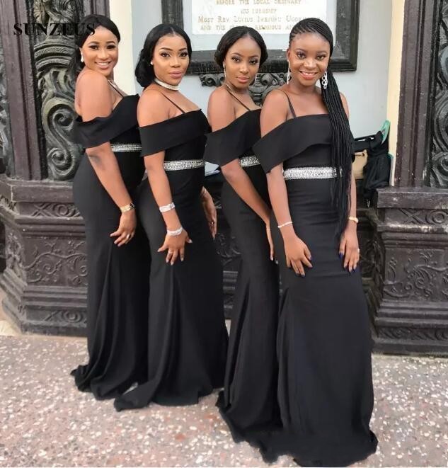 

2019 South African Black Girl Spaghetti Mermaid Bridesmaid Dresses Off Shoulder Maid Of Honor Gowns Sequined Belt Floor Length Vestidos