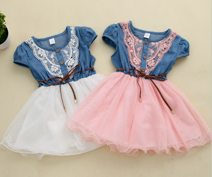 

Baby Girl Dress Children short sleeve Denim Lace Dresses with button Kids Princess Summer Dresses For Girls, Mix colors