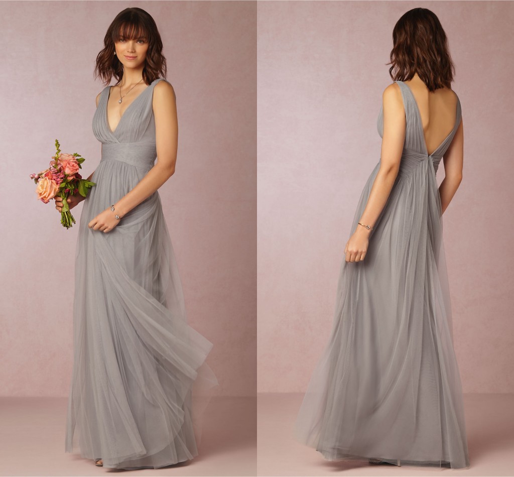 2021 Bridesmaid Dresses Cheap A-Line Grey V-Neck Sleeveless Pleat Tulle Floor Length Maid Honor Special Occasion Dresses For Wedding-image-372986364