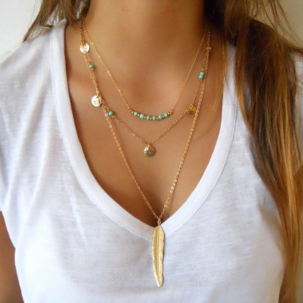 

Girl classic Fashion necklace Women's Multi Layered Necklace with Feather Round Sequins Charms Turquoise Pendant Gold/Silver choose 10Pcs