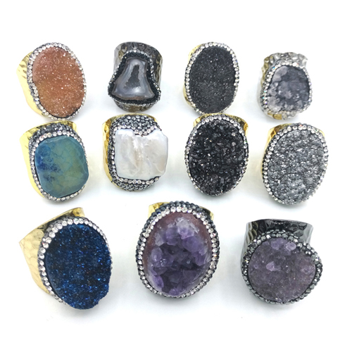 

JLN Agate Quartz Adjustable Ring Natural Amethyst Agate Freshwater Pearl Free Size Natural Stone Cluster Couple Ring Gift For Man Woman
