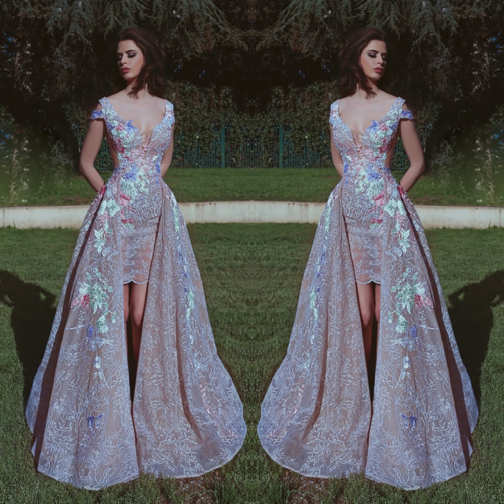 

Glamorous Short Sleeves Evening Dresses Sexy Open Scoop-Neckline Prom Dress With Over-Skirt Colorful Embroidery Appliqued Lace Prom Dresses, Champagne