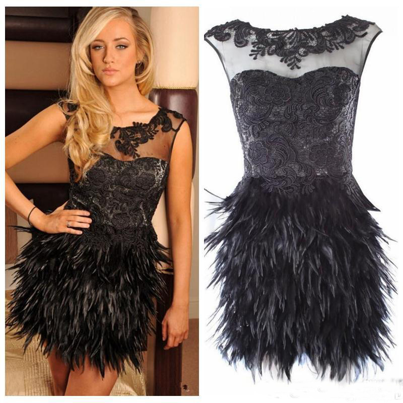 

2018 Black Feather Luxury Lace Top Cocktail Dresses Short Sheer Cap Sleeve Applique Custom Ladies Party Formal Wear, Orange