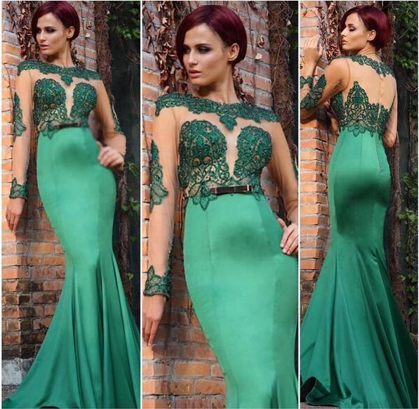 

Sheer Neck Lace Sexy Mermaid Prom Dresses Emerald Vestidos de Novia Satin Sweep Train illusion Long Sleeves Formal Party Evening Gowns 2016, Gray