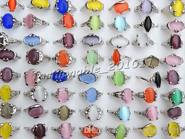 

Mixed assorted Colourful Natural Cat Eye Gemstone Stone Silver Tone Women's Rings R0135 New Jewelry 50pcs/lot
