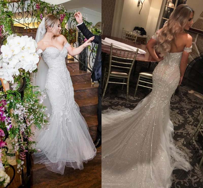 

Sparkly Mermaid Short Sleeves Wedding Dresses Sweetheart Crystal Beaded Tulle Backless Wedding Gowns Sexy Plus Size Bridal Dresses, Same as image