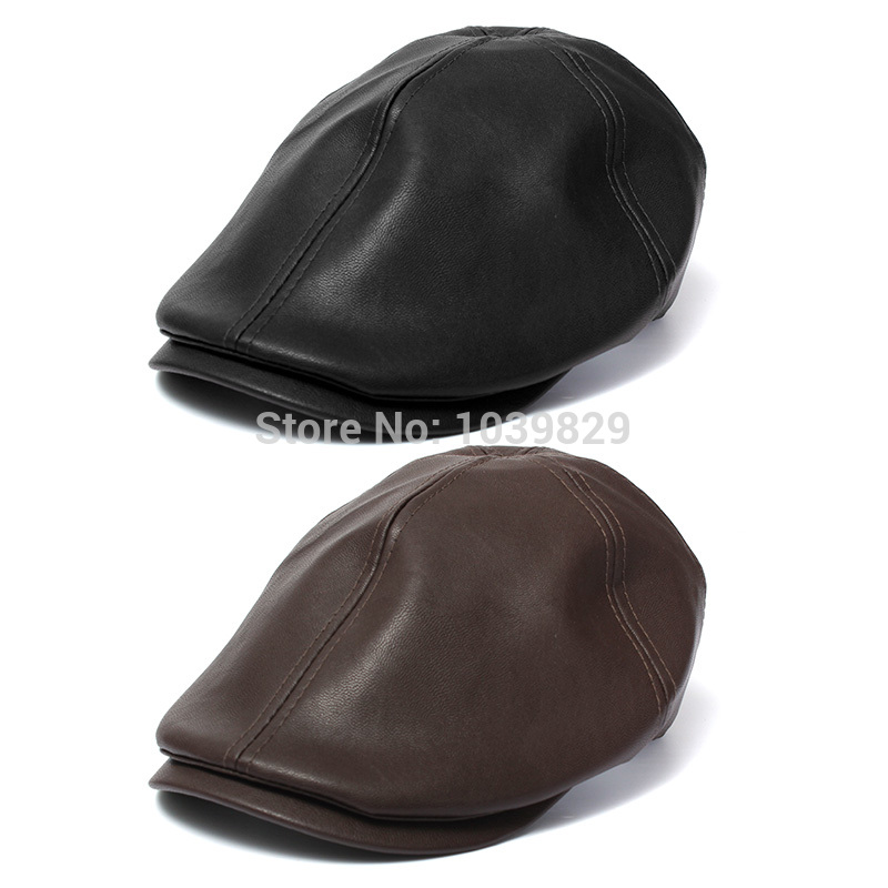 

Wholesale-Hot Selling High quality Leather lvy Gentleman Men Cap Bonnet Newsboy Beret Cabbie Gatsby Flat Golf Hat Brown Black Color