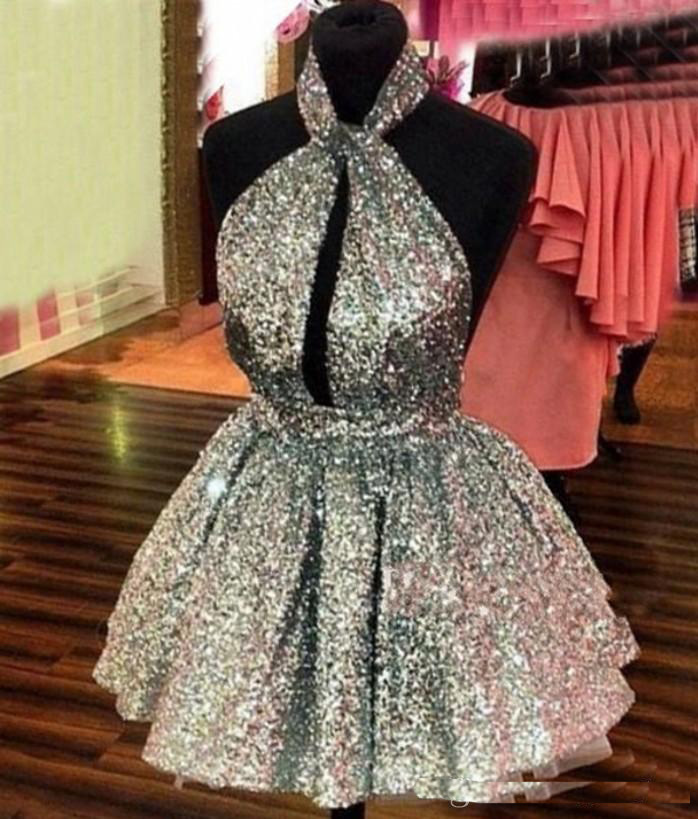 

2019 Halter Sexy Backless Short Prom Dresses Sparkly Silver Sequined Homecoming Dresses Formal Party Dresses Cheap, Light sky blue