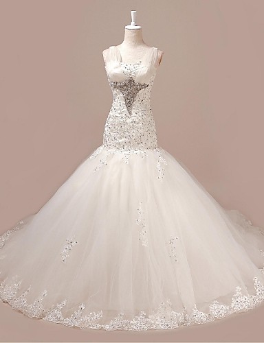 

sale fashion custom made trumpet mermaid elegant ivory court train spaghetti straps appliques beads tulle wedding dresses 204, White