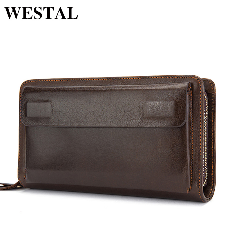 

Westal Double Zipper Money Clip Wallet Clutch Bag Mens Purses Genuine Leather Men Wallets Leather Man Wallet Long Male Purse