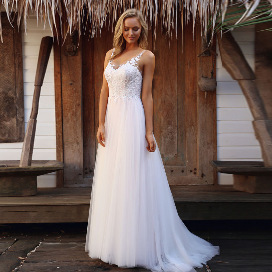 

Soft Tulle Design Wedding Dresses Appliques Illusion Strap sexy Back Beach Bridal Gowns vestidos de novia 2019, White