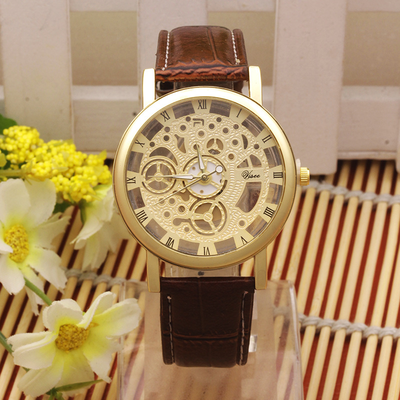 

New Brand Luxury Fashion Casual Stainless Steel Men Skeleton Watch Leather band Women Dress non-mechanical Hollow Quartz Watches, Leave a message about color