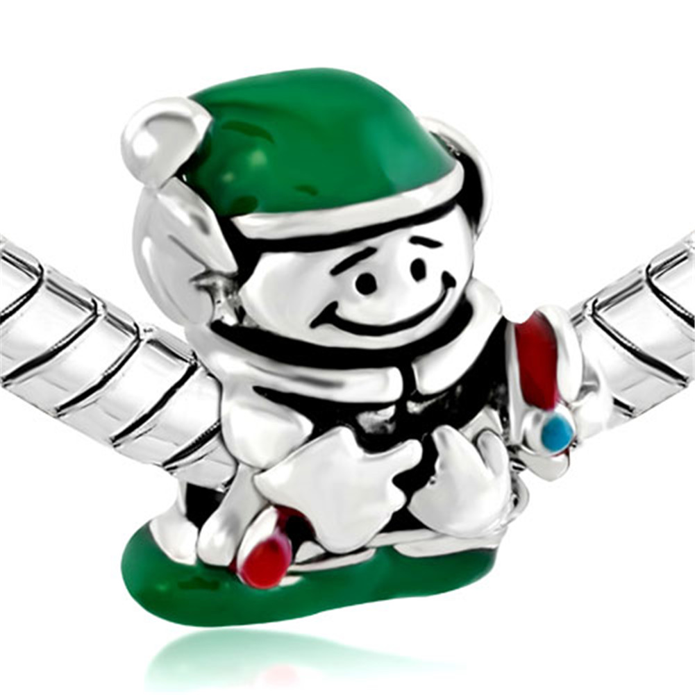 

Green Color Enamel Merry Christmas ELF with Green Hat European Charm Bead Fit Pandora DIY Bracelet, Black