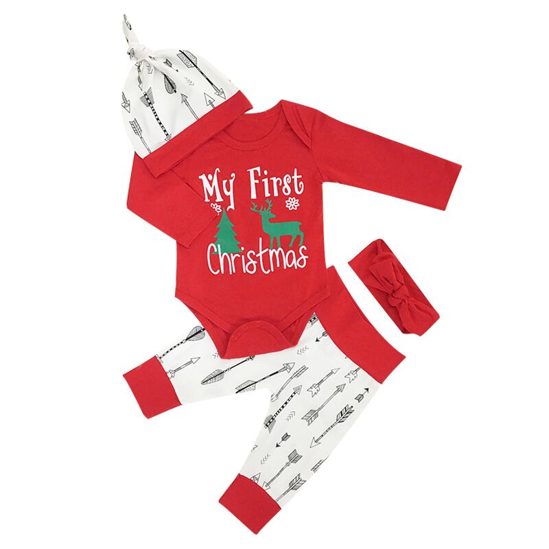 

Christmas Baby Boys Girls Clothing Sets Elk Romper+Arrow Pant+Hat+Red Headband Xmas Long Sleeve Printed Suits Kids Cartoon Clothes Sets, As pic