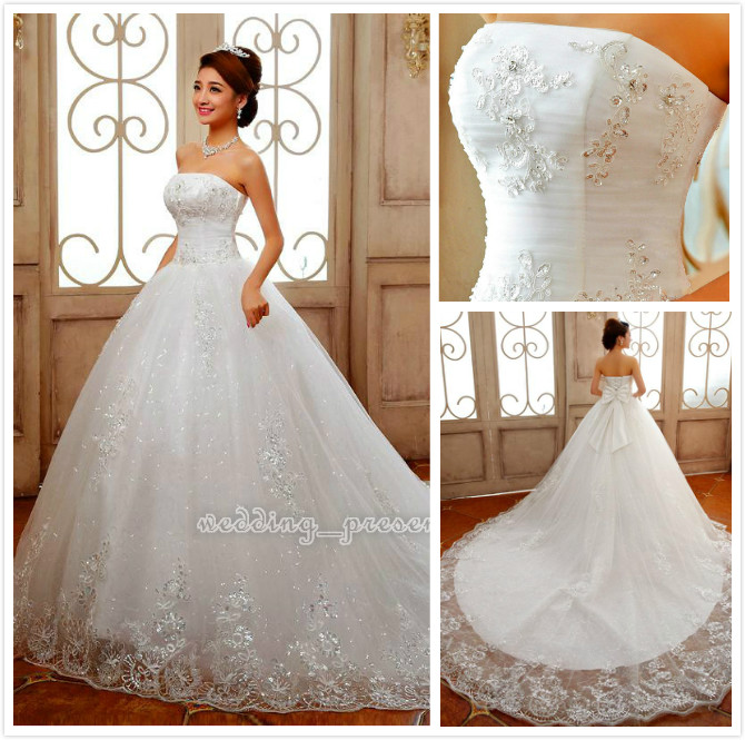 

2015 Corset A Line Wedding Dresses High Quality Luxury Princess Lace Applique Chapel Train Bow Bridal Gowns Plus Size Strapless Dresses, White