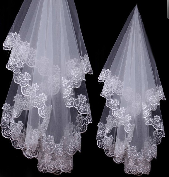 

1.5M Long White Ivory Wedding Accessories Bridal Veils One Layer Applique Lace 01