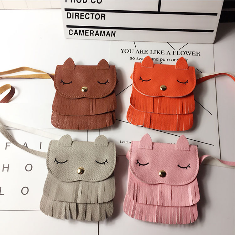

5 pcs Children tassel PU purse girl baby mini cat Messenger bag, Brown