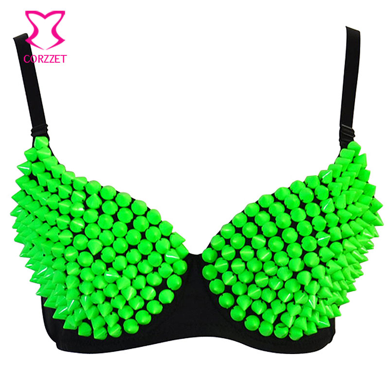 

Punk Rock Disco Dancewear Resin Rivet All-over Bras For Women Adult Exotic Sujetador Sexy Bralette Soutien Gorge Push Up Bra Top, Yellow