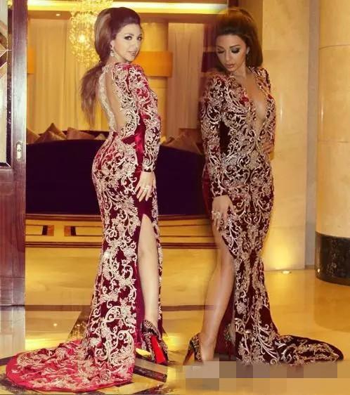

2020 Sexy Myriam Fares High Split Evening Dresses Burgundy Mermaid Plunging V Neck Lace Applique Long Sleeves Arabic Celebrity Party Gowns, Dark red
