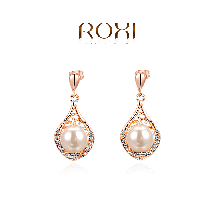 015 ROXI 2014 New Fashion Jewelry Rose Gold Plated Statement Leaf Pearls Drop Earrings For Women Party Wedding Free Shipping
