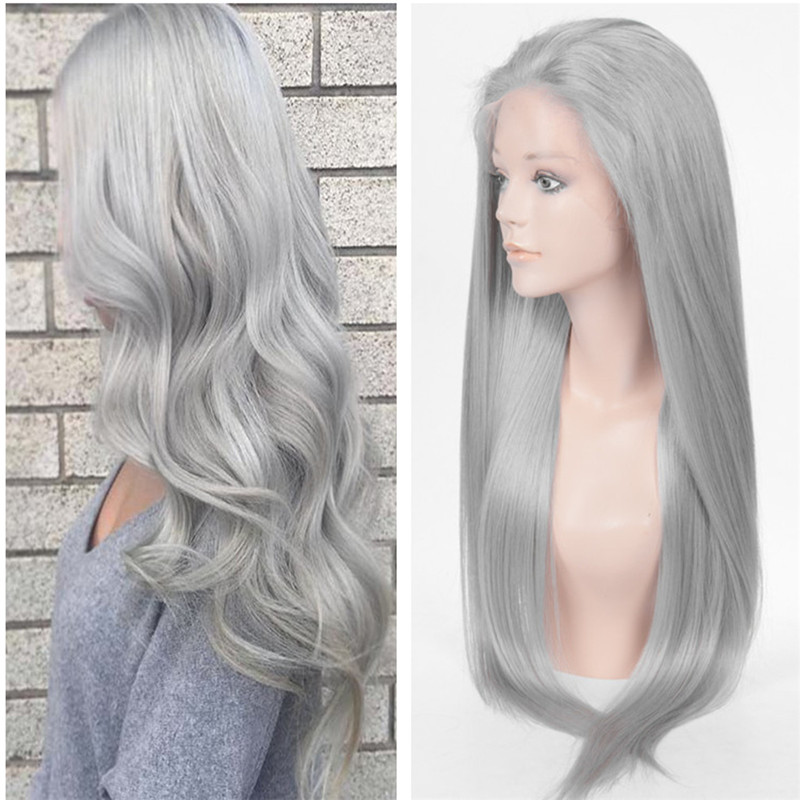 

100% Human Hair High Quality Fashion Cosplay full lace wigs Hot sell Silver Grey Medium Long Brown Cap Bleached Knots Front Lace Wig, #grey