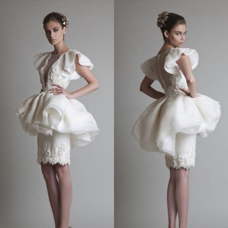 

Krikor Jabotian Short Wedding Dresses Trumpet Sleeves Appliques Organza Sheath Knee Length Peplum Short PromDresse Backless Bridal Gowns, White